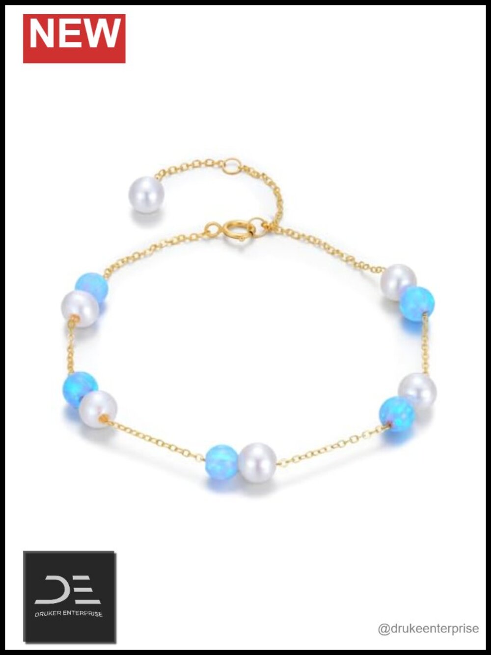14K Gold Freshwater Pearl Blue Opal Station Bracelet